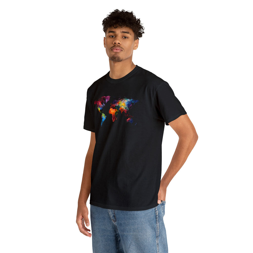 African man wearing a black cotton T-shirt featuring a colorful world map design and jeans pants