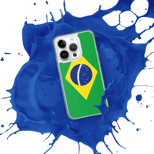 iPhone with a case featuring the flag of Brazil on a white background with a splash of blue paint