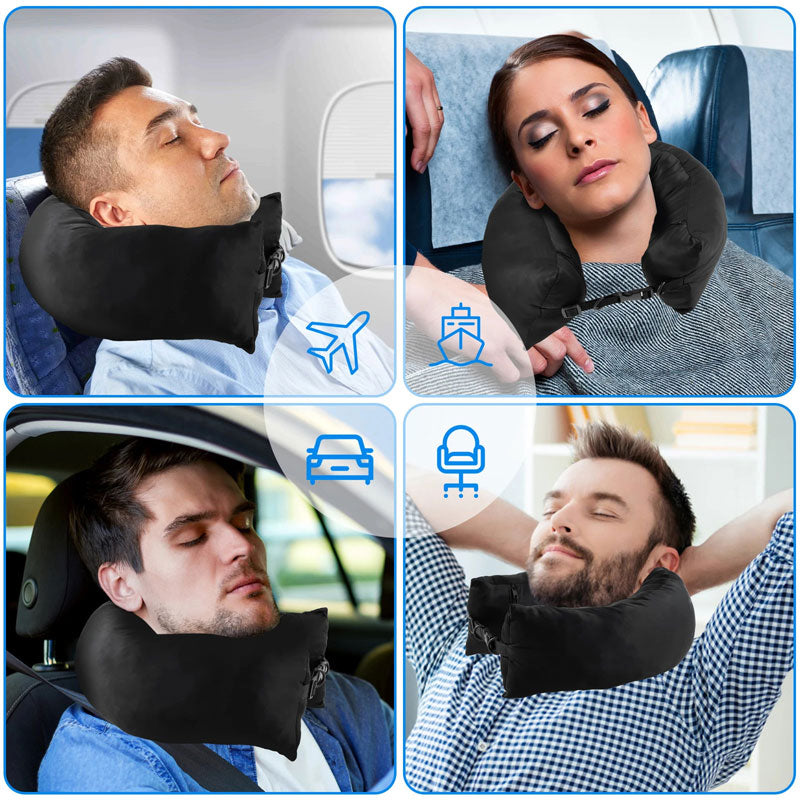 Three men and one women wearing the GoTripps Stuffable Travel Neck Pillow while peacefully sleeping and feeling relaxed