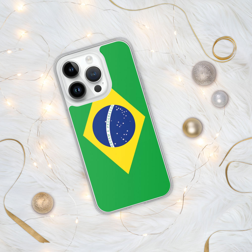iPhone with a case featuring the flag of Brazil surrounded by silver and gold decoration on a white background