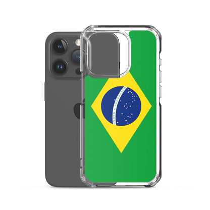 Black iPhone 15 Pro behind a case featuring the flag of Brazil on a white background