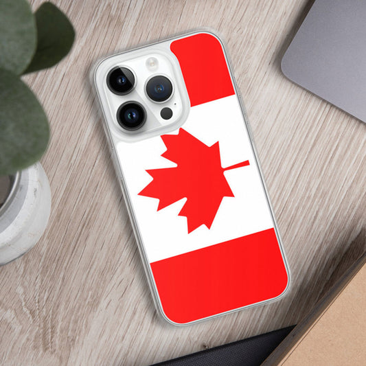 iphone with a case featuring the Canadian flag on an office table background