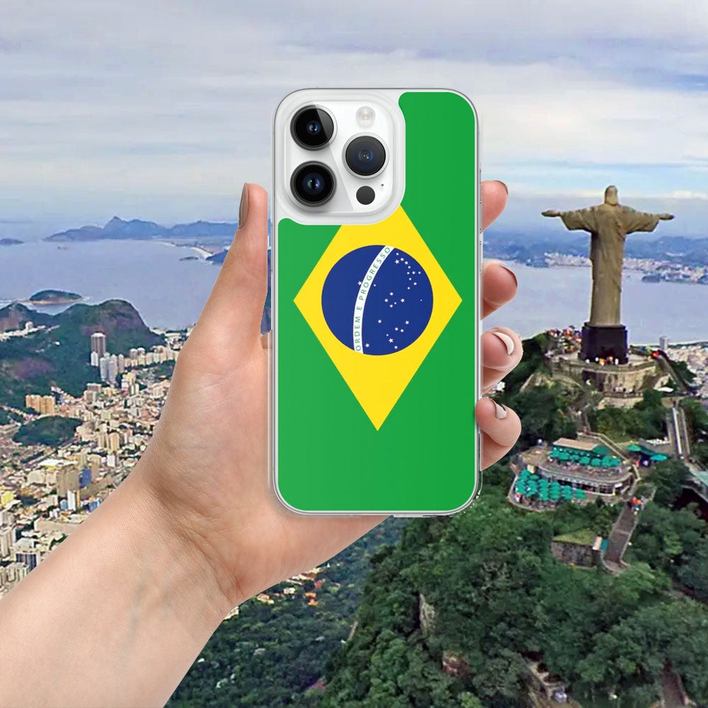 iPhone with a case featuring the flag of Brazil with a great view of Rio de Janeiro on the backgrounda