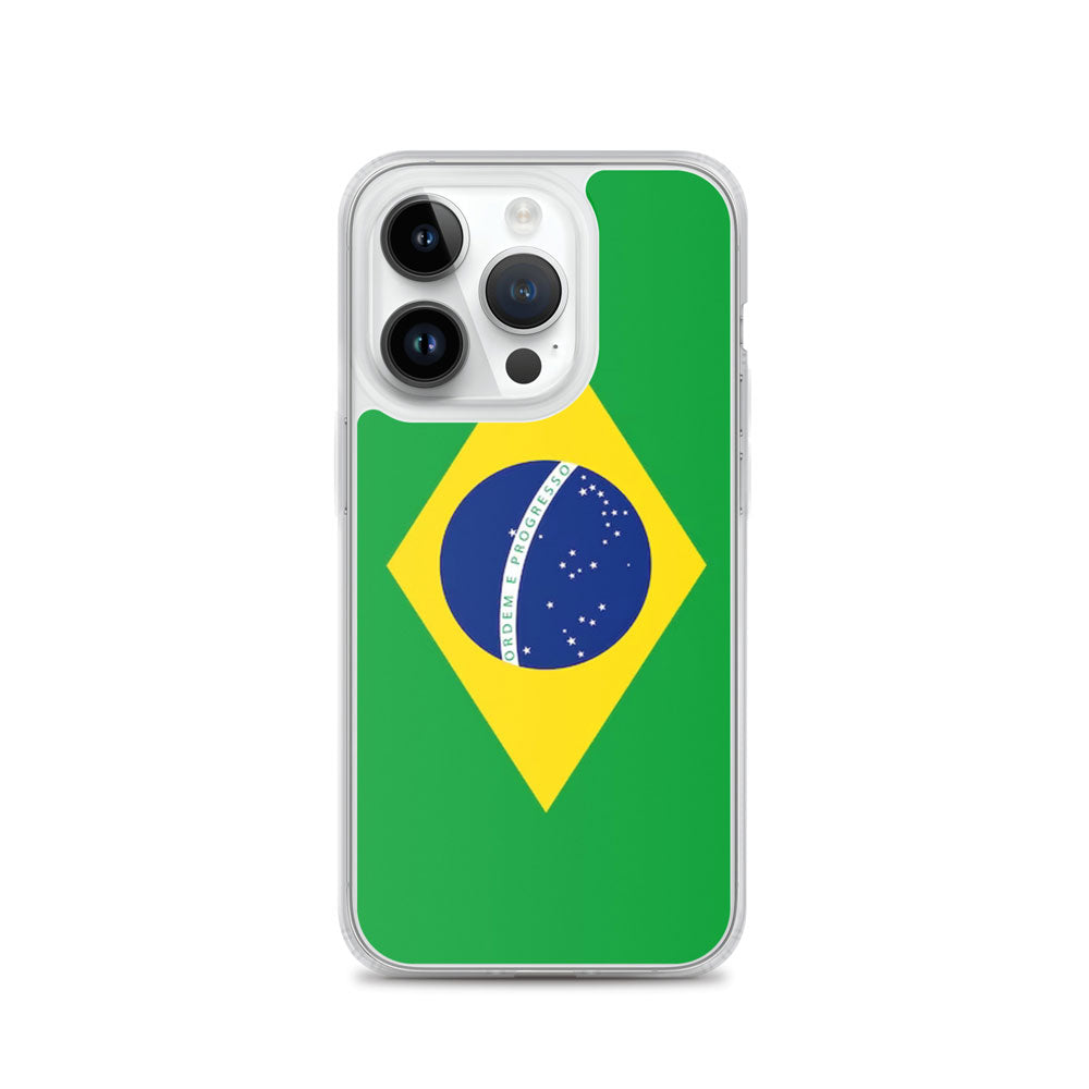 iPhone with a case featuring the flag of Brazil on a white background