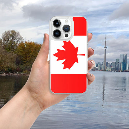iphone with a case featuring the Canadian flag in Toronto with the CN Tower on the background