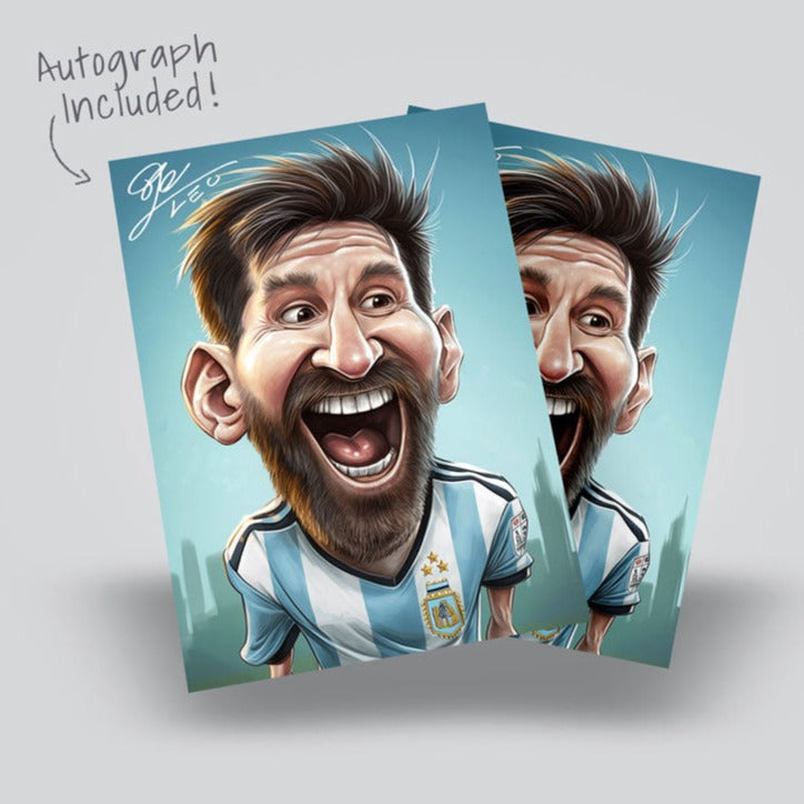 Two Posters of an autographed Lionel Messi's Caricature on White Background