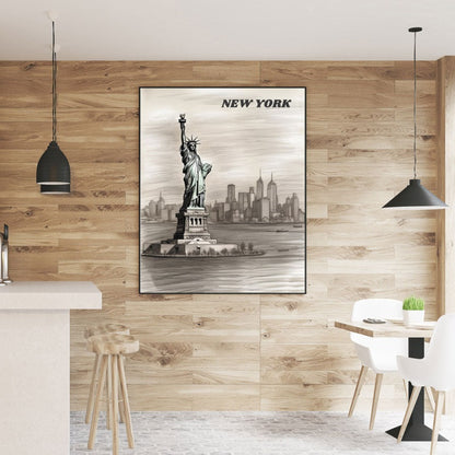Stunning black-framed poster showcasing a pencil drawing of the Statue of Liberty in New York, gracefully adorning a wooden dining room wall surrounded by tables, chairs, and elegant ceiling lamps