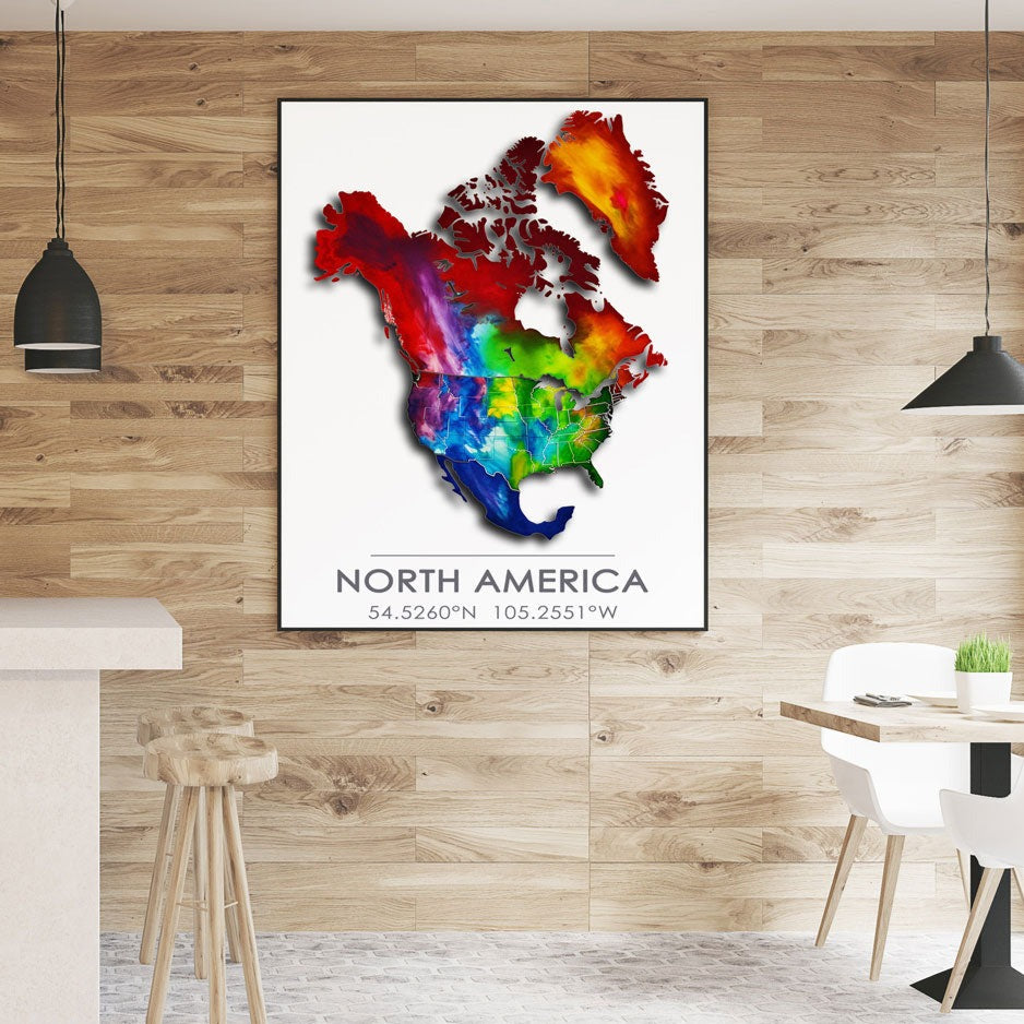 Stunning black-framed poster showcasing a colorful map of North America, gracefully adorning a wooden dining room wall surrounded by tables, chairs, and elegant ceiling lamps