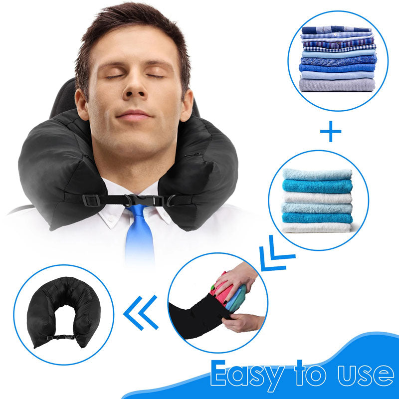 Man wearing a GoTripps Black Stuffable Travel Neck Pillow surrounded by image instructions on how to use the product