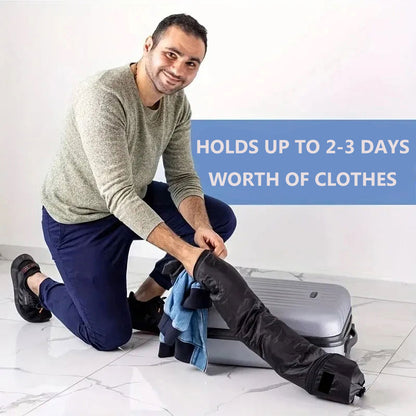 Man putting clothes inside the GoTripps Black Travel Neck Pillow in a white room