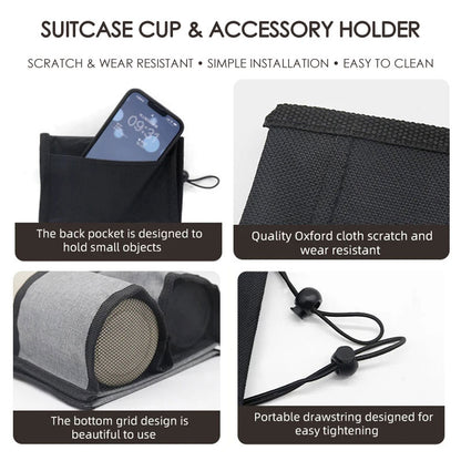 Image displaying the different features and functionality of the GoTripps Suitcase Cup and Accessory Holder, including the scratch and wear resistant material