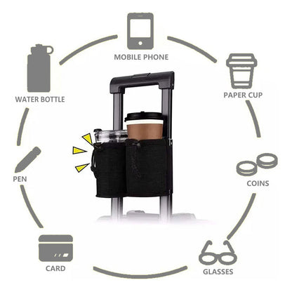 GoTripps Black Travel Luggage Cup Holder attached to a silver suitcase handle, showcasing the different items that can the stored in it