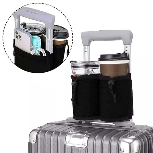 GoTripps Black Travel Luggage Cup Holder attached to a silver suitcase
