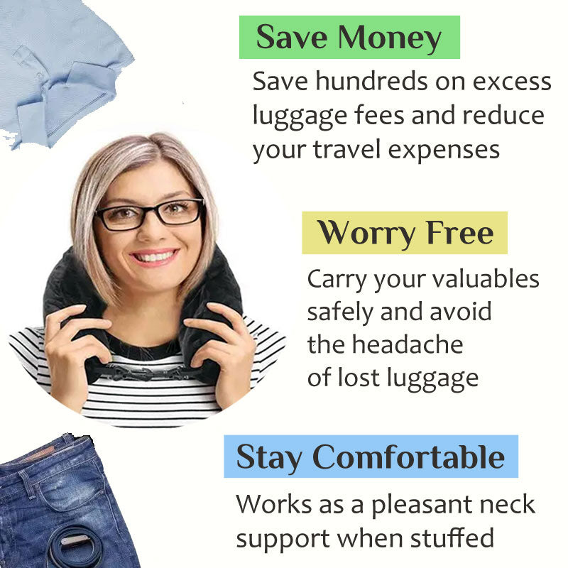 Woman with glasses wearing a GoTripps Black Travel Neck Pillow with text explaining its benefits
