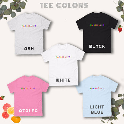 Cotton T-shirt color guide, featuring 5 different colors of t-shirts adorned with the word 'Wanderlust', including white, black, ash, pink, light blue and white