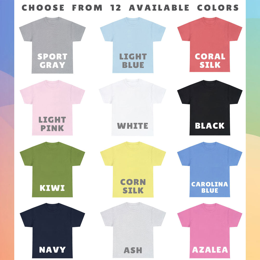 Cotton T-shirt color guide, featuring 12 different colors of t-shirts, including white, black, gray, pink, green, red, blue, yellow, and navy