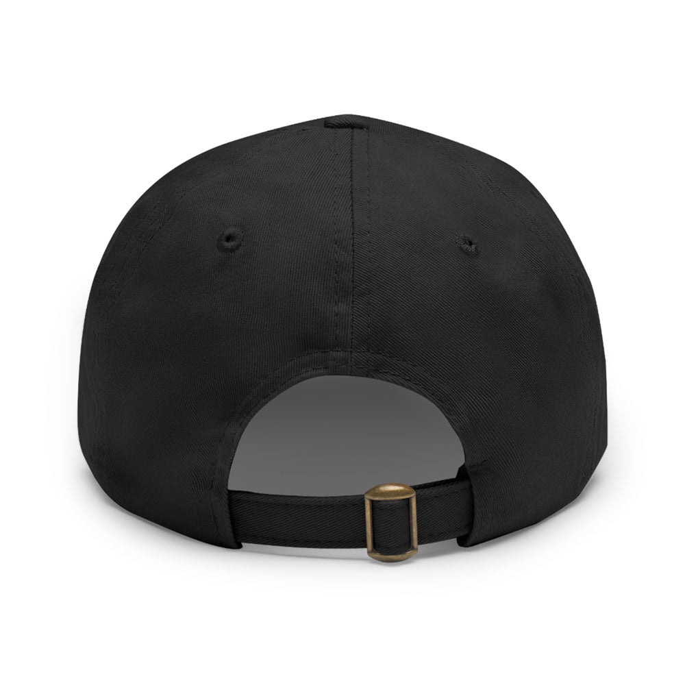 Black twill cotton baseball cap's stylish backside with a sleek gold metal buckle closure