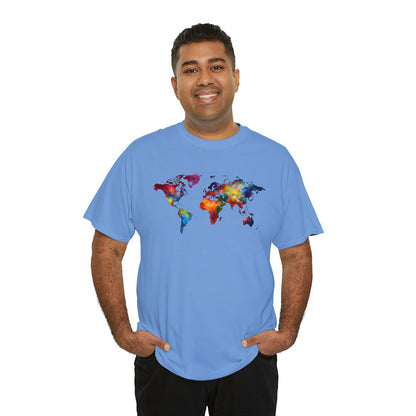 Brown chubby man wearing a blue cotton t-shirt with a colorful world map print and black pants