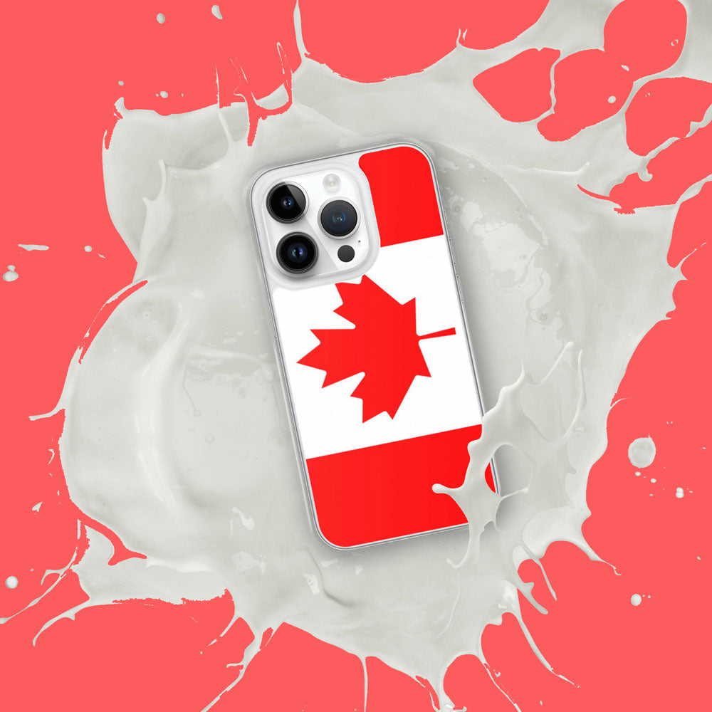 iphone with a case featuring the Canadian flag on a red background with a splash of white paint