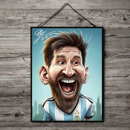 Black-Framed Poster of an autographed Caricature of Lionel Messi hanging on a dark gray wood wall