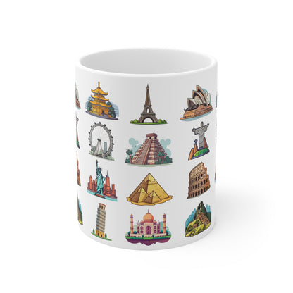 white ceramic coffee mug featuring famous world travel landmarks, on a white background