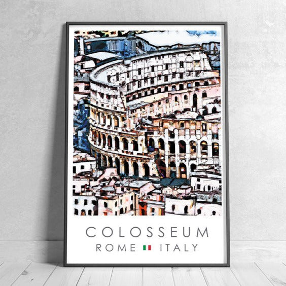 Black-Framed poster of the Colosseum in Rome in Italy, on a white tile floor against a white wall