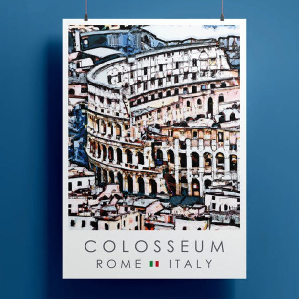 Poster featuring the Colosseum in Rome in Italy, on a blue background