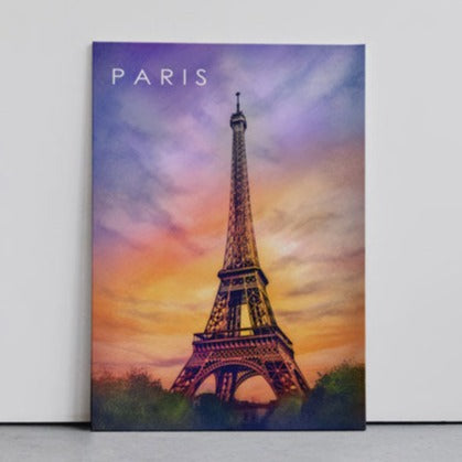 Sunset Sky Eiffel Tower Poster on a gray floor against a white wall