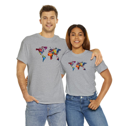 White man and brown women wearing a gray cotton T-shirt featuring a colorful world map design and jeans pants