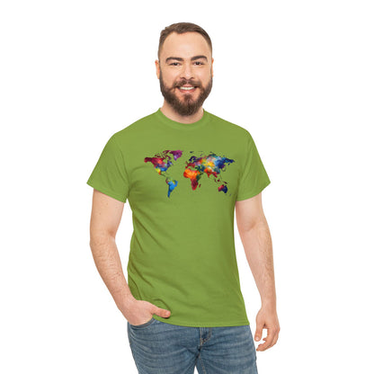 White man wearing a green cotton T-shirt featuring a colorful world map design and jeans pants
