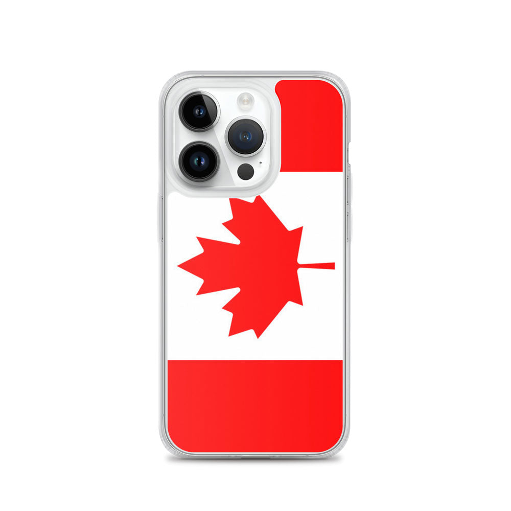 iPhone with a case featuring the Canadian flag on a white background