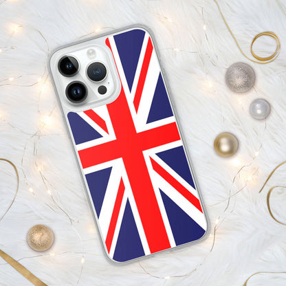 iPhone with a case featuring the United Kingdom flag surrounded by silver and gold decoration on a white background