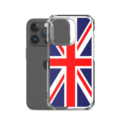 Black iPhone 15 Pro behind a case featuring the United Kingdom flag on a white background