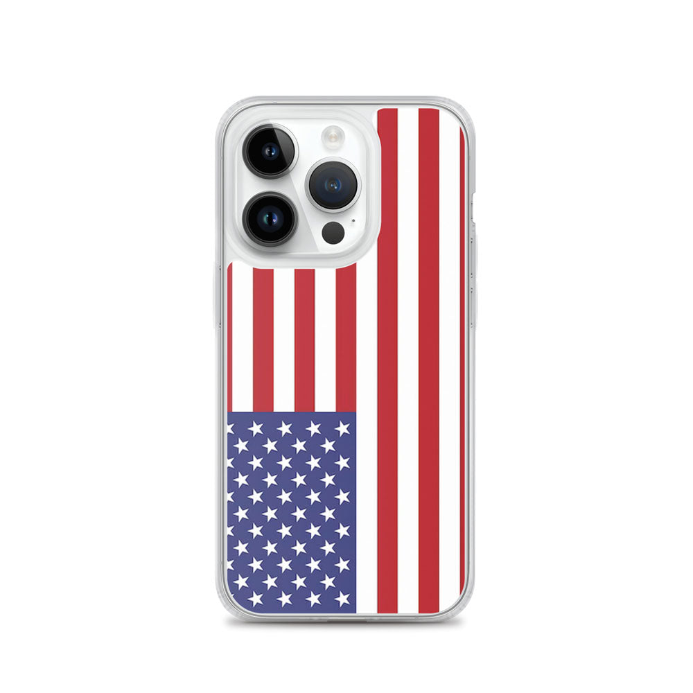 iPhone with a case featuring the United States flag on a white background