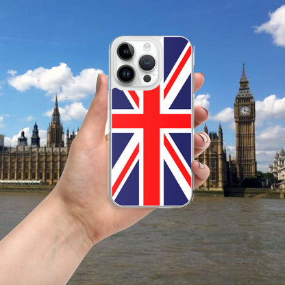 iphone with a case featuring the United Kingdom flag in London with Big Ben and the Parliament on the backgrounda