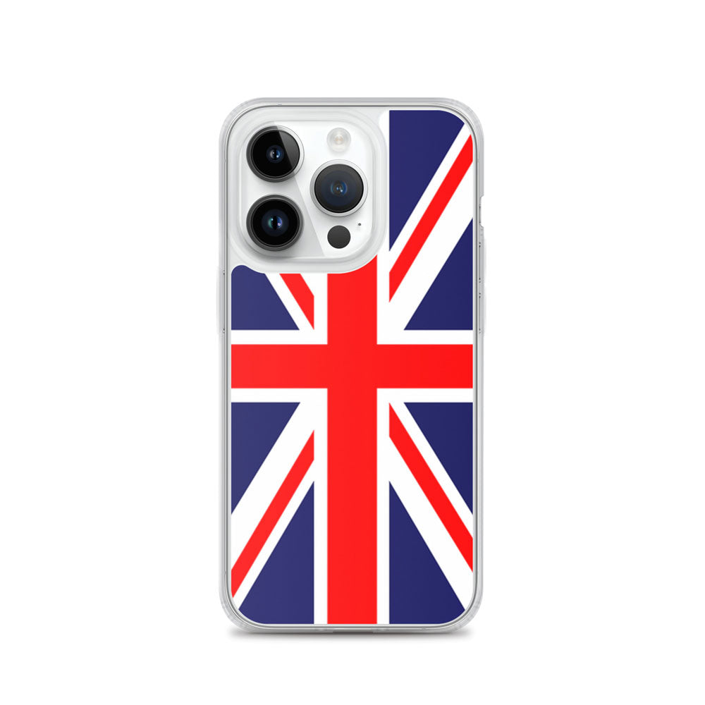 iPhone with a case featuring the United Kingdom flag on a white background
