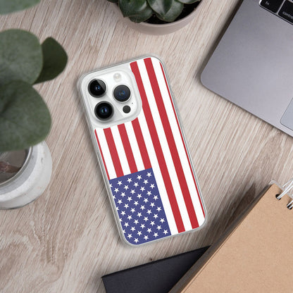 iphone with a case featuring the United States flag on an office table background