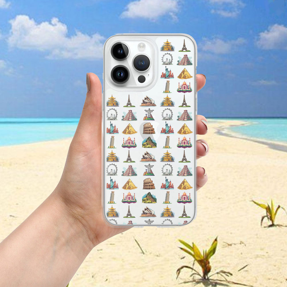 iphone with a case featuring famous travel landmarks on a beach background