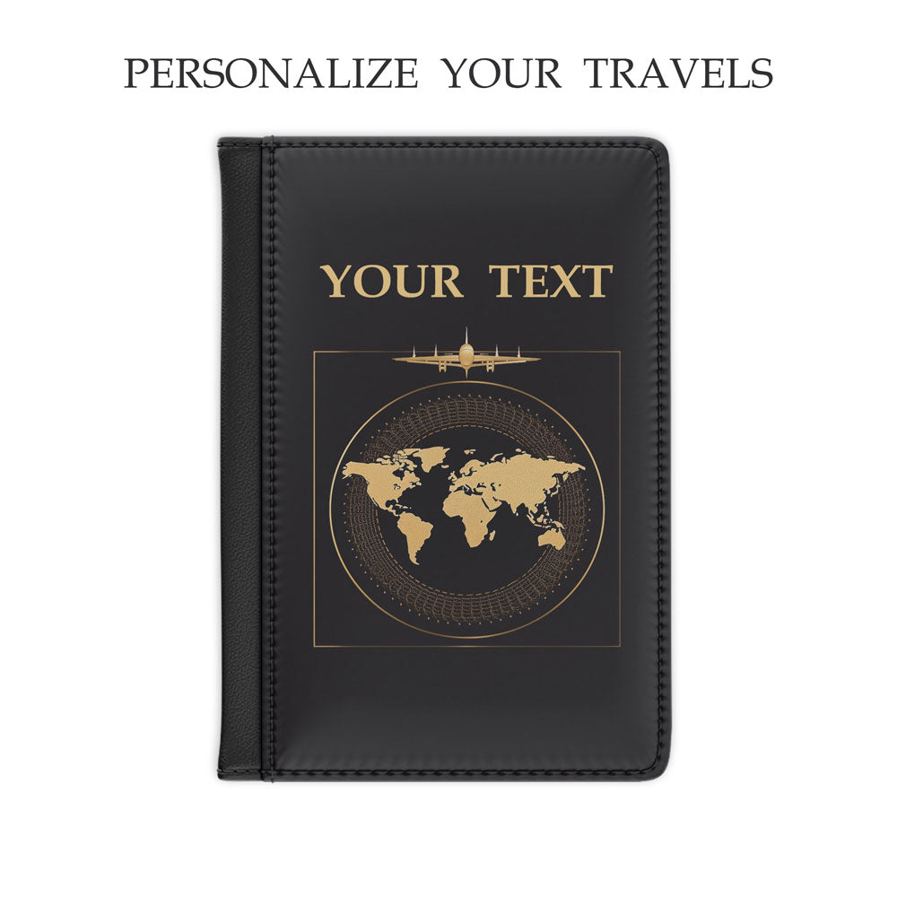 Black leather passport cover with custom world map design and the phrase 'Your Text', on a white background titled 'Personalize Your Travels'