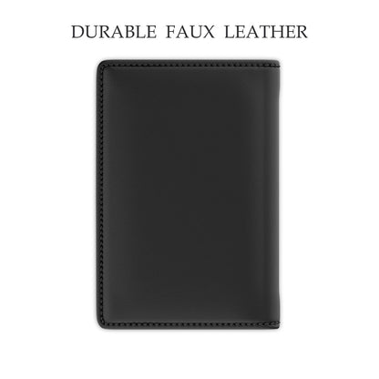 Back side of a black leather passport cover, on a white background titled 'Durable Faux Leather'