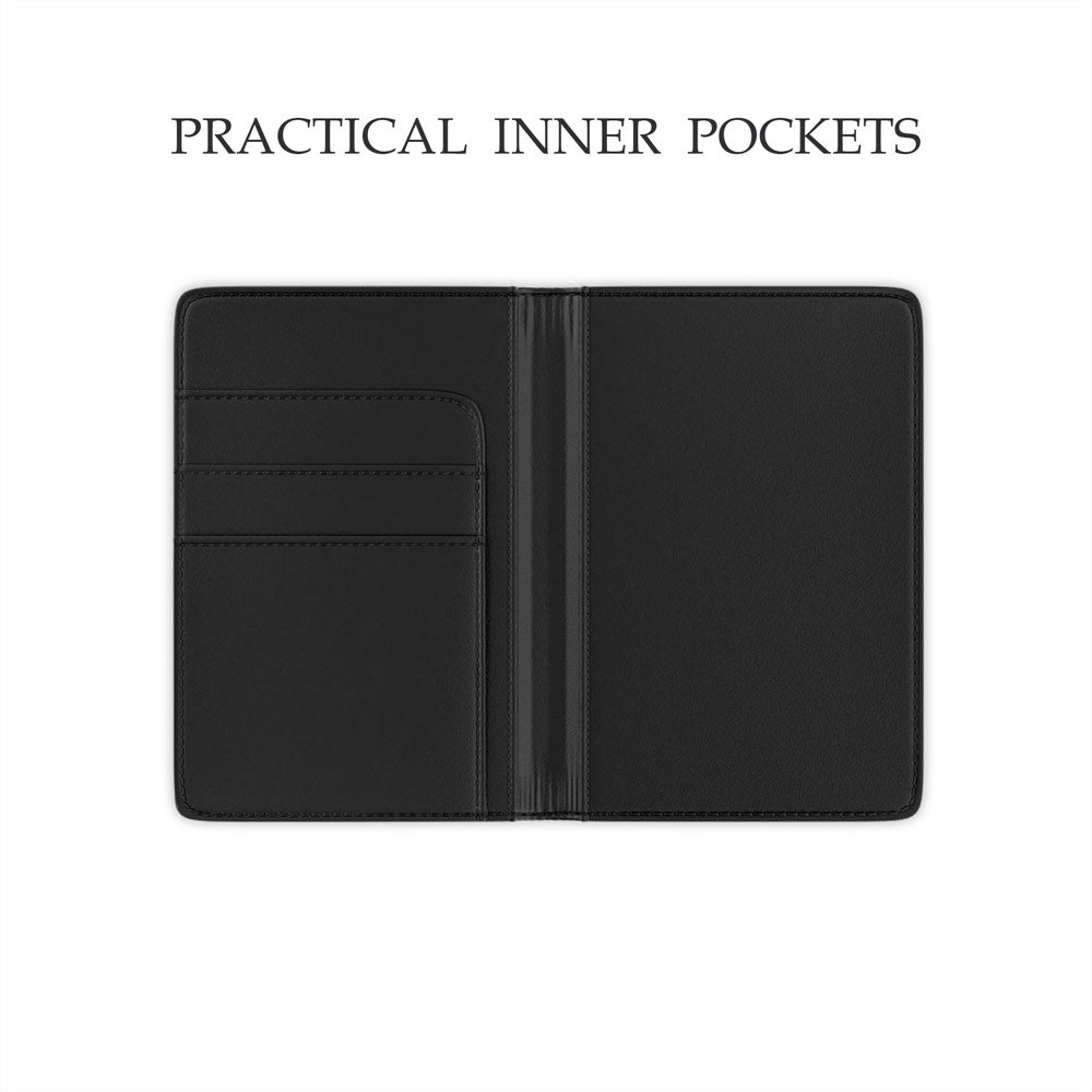 Open black leather passport cover with inner pockets, on a white background titled 'Practical Inner Pockets'