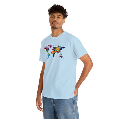 African man wearing a light blue cotton T-shirt featuring a colorful world map design and jeans pants