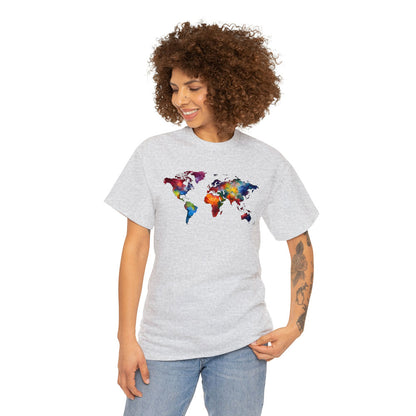 African woman wearing a light gray cotton T-shirt featuring a colorful world map design and jeans pants