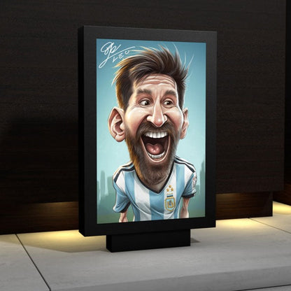 Autographed Caricature of Lionel Messi in a black street display sign
