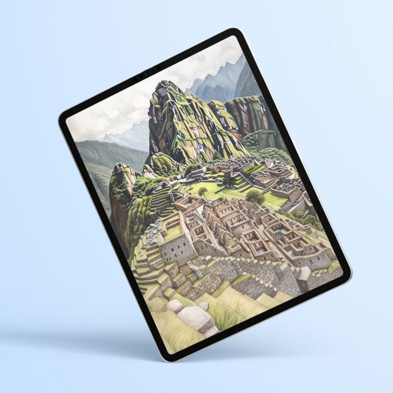 Color pencil drawing of Machu Picchu displayed on a tablet against a light blue background, tilted left
