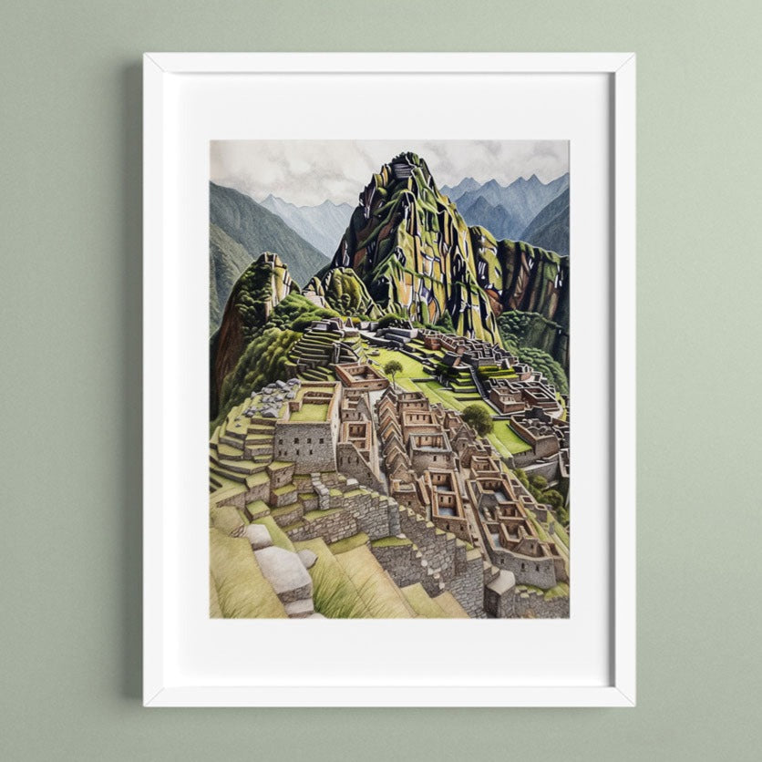 Elegant white-framed poster featuring a color pencil drawing of Machu Picchu in Peru, strikingly displayed against a sleek gray background