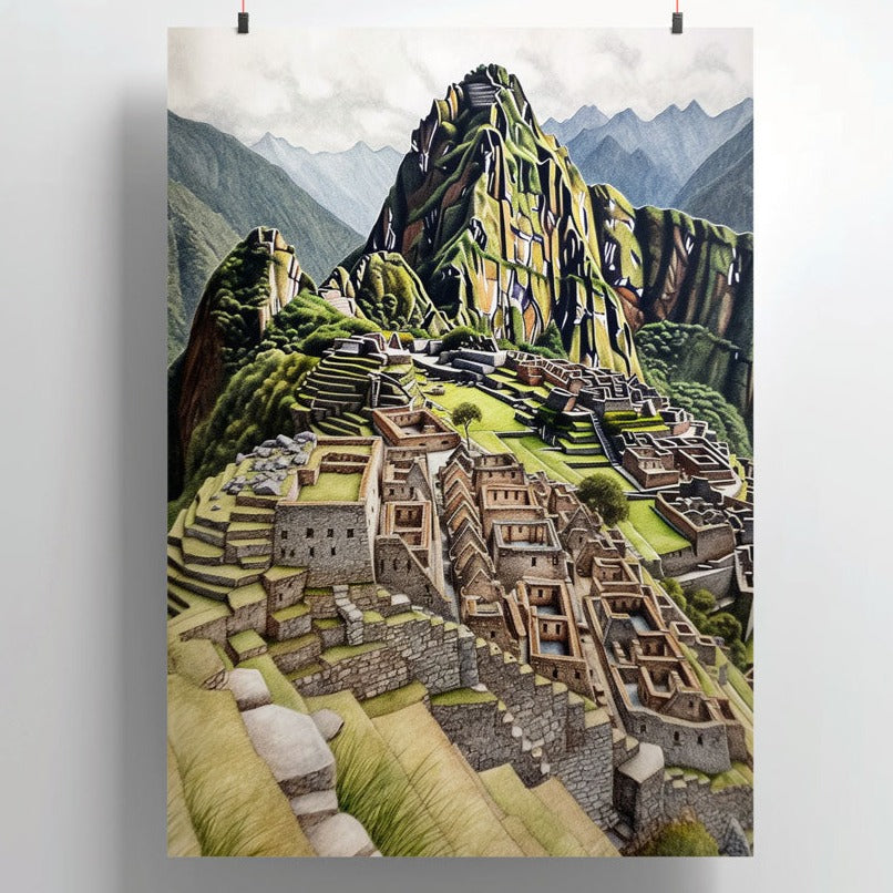 Color pencil drawing of Machu Picchu in Peru on a light gray background