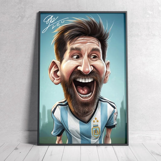 Black-Framed Poster of an autographed Caricature of Lionel Messi on White Background