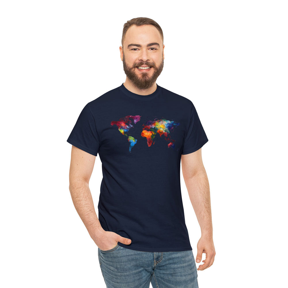 White man wearing a navy cotton T-shirt featuring a colorful world map design and jeans pants