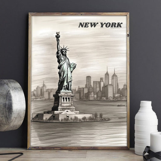 Wood-framed poster featuring a pencil drawing of the Statue of Liberty in New York, beautifully displayed against a sophisticated dark gray wall on a rich brown table, surrounded by decorative elements
